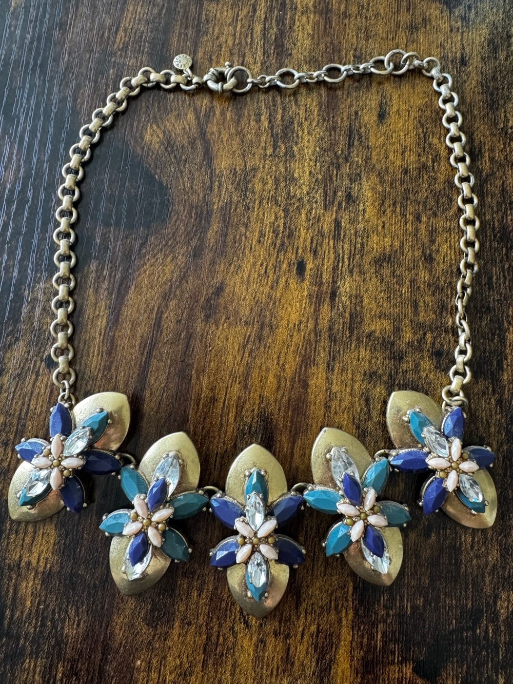 J. Crew Gold Floral Statement Necklace with Purple & Teal Accents